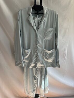 SKIMS Light Blue Satin Pajama Set with Embroidered Pocket